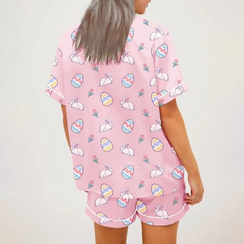 Image of Women Easter Pajamas Set Cute Bunny Button Down Shirt and Shorts 2 Piece Pj Set Y2K Easter Outfits