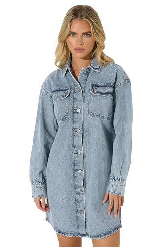 Image of PixieGirl Petite Blue Denim Shirt Mini Dress Petite