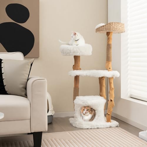 Tangkula Árbol para Gatos de Madera Sólida 49 in Blanco miniatura 3