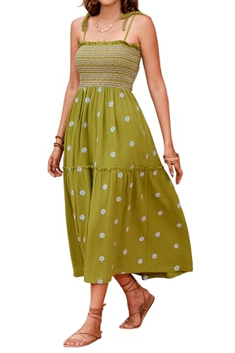 Image of R.Vivimos Womens Summer Cotton Boho Midi Dress 2026 Spaghetti Strap Floral Embroidered Smocked Tiered Flowy Long Dresses