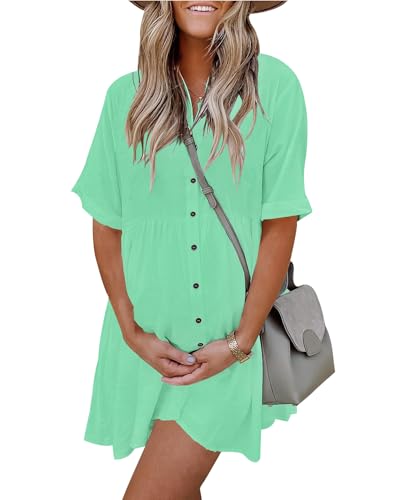 Image of PYGFEMR Women's Short Sleeve Babydoll Dress Button Down Dresses with Pockets