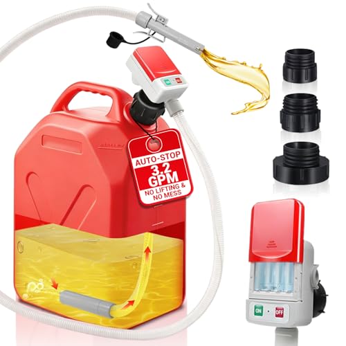 HiNADA Fuel Transfer Pump with Auto-Stop - Battery Power, Portable 3.2 GPM with 51'' Extra Long Hose, 3 Can Adapters & Leak Protection for Oil/Diesel/Gasoline Safe Transfer.