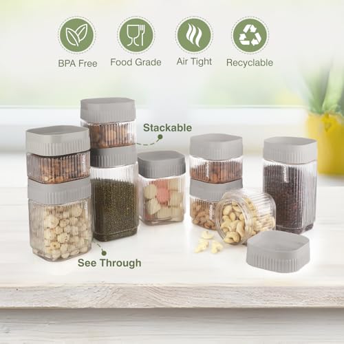 Image of Nayasa Refresh Container Set of 9 | 500ml x 5, 750ml x 2, 1150ml x 2 | Transparent Airtight Plastic Jars | Stackable Kitchen Storage Containers | BPA Free & Reusable | Grey