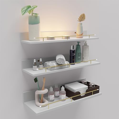 Giftgarden Estanteria Pared de Madera Blanca con Barandillas Metálicas Doradas, Juego de 3 Baldas...