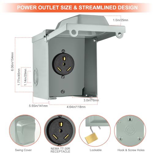 Image of WELLUCK 30 Amp RV Power Outlet Box, 125 Volt NEMA TT-30R RV Receptacle, Enclosed Lockable Outdoor Electrical Panel Weatherproof Plug for Temporary Hookup RV Camper Travel Trailer Car Generator