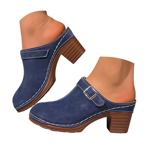 ZSpzx Women Heeled Sandals Platforms Leather Round Toe Mules Clogs Summer Dressy Buckle Straps Slippers Chunky High Heels Non Slip Trendy Solid Color Breathable Walking Vacation Shoes (Blue, 9.5)
