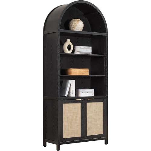 Image of SICOTAS 84.2 inch Tall Arched Bookcase with Doors - 5 Tier Rattan Bookshelf