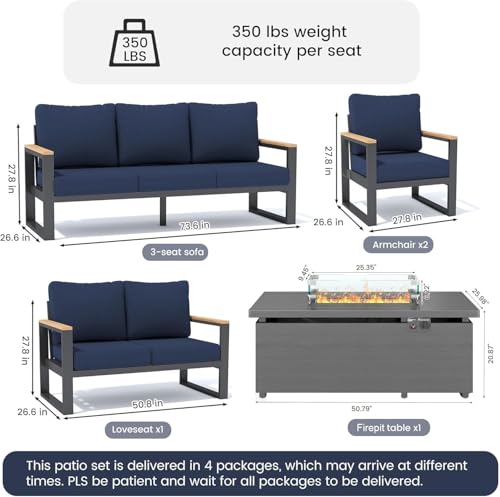 Image of Sundale Outdoor Aluminum Patio Furniture Set, 5 Piece Outdoor Conversation Sets with Fire Pit and 6 inch Thick Olefin Cushions, All Weather Outdoor Sectional Set for Deck, Lawn, Yard (Navy Blue)