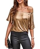 VIDUSSA Women's Shiny Off Shoulder Shirt Metallic Loose Short Sleeve Round Neck Club Blouse Tops Gold M