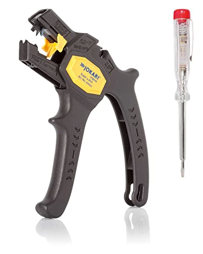 Jokari Promopack Abisolierzange + Tester (für Elektriker, Spannungsprüfer von 120 – 250 V, Abisolierzange von 0,2-6,0 mm² (AWG 24-10) mit Seitenschneider) 490096