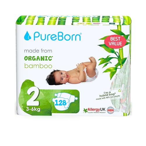 PureBorn Pañales Bebé Ecológicos de Bambú, Talla 2 (3-6 kg), 128 piezas, Hipoalergénicos, Ultrasuaves, Estampado Surtido