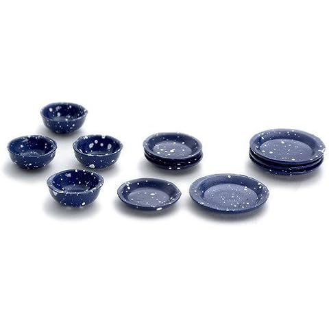 Melody Jane Puppenhaus Miniatur Küche Dinner Speisezimmer Zubehör Blaue Metall Teller Schalen Set Cover