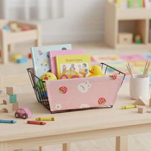 Image of Go Hooked Metal Storage Basket with Removable Fabric Liner | Cute Pink Bunny & Strawberry Print Multipurpose Organizer for Home, Office, Tabletop | Decorative Wire Basket for Toys, Fruits, Snacks