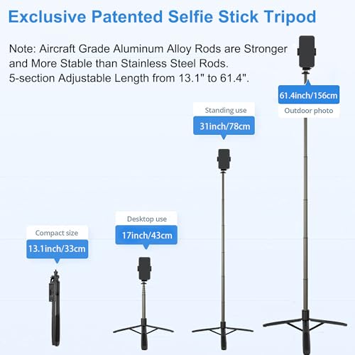 عصا سيلفي طويلة من موبيلايف، حامل ثلاثي القوائم معزز حتى 61 انش/ 156 سم، عصا سيلفي بلوتوث متعددة الوظائف مع برغي 1/4 متوافقة مع كاميرا الموبايل والبث المباشر وبث اليوتيوب.