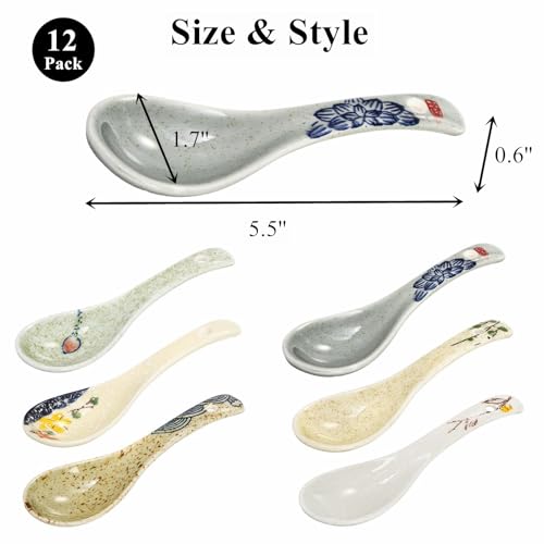Cididu Set of 12 Asian Soup Spoons Ceramic, Retro Japanese Soup Spoons, Delicate Chinese Serving Spoon, Porcelain Ramen Spoon for Pho Miso Noodles Dessert Wonton Dumpling, Dishwasher Safe, 5.5''L by Cididu - Image 2
