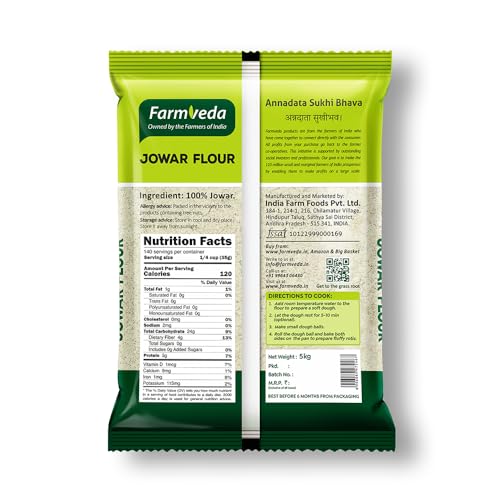 Image of Farm Veda Jowar Flour (Sorghum Flour) - 5 Kg | Millet Flour | Gluten-Free | High Protein | 100% Natural | Kneads Smoothly Without Hot Water | Ready in Minutes