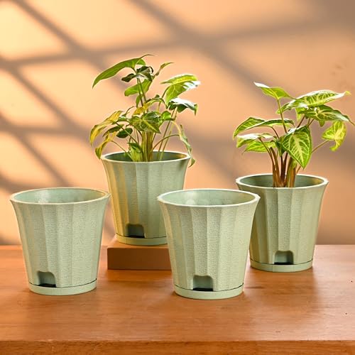 Image of Eha Earth Friendly Ace 5 inch Small Self Watering Pots for Indoor Plants | Set of 4 | Plant Pot Made with Bamboo Fibers | Table Top Planters for Home Decor, Flower Pot for Living Room | Celeste