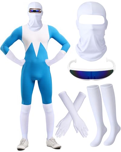 Yearntown 4 Pcs Halloween Costume Accessory Includes White Ski Mask Novelty Futuristic Narrow Monobloc Glasses White Soccer Socks Long Gloves for Men Adults Halloween Party Cosplay Accessories