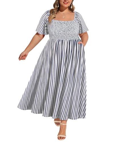 Image of RITERA Plus Size Dresses for Curvy Women Square Neck Short Sleeve Summer Floral Smocked Maxi Dress with Pocket XL-5XL