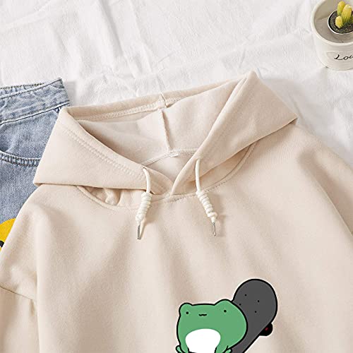 Keevici Women's Cute Sweatshirts Skateboarding Frog Long Sleeve Cotton Hoodie Pullover (Apricot,L) #TOP4
