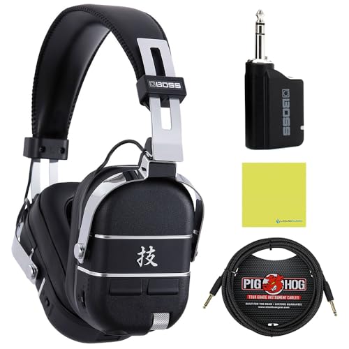 Boss WAZA-AIR Wireless Personal Guitar Amplification System Bundle w/Pig Hog PCH10BK Black Woven Instrument Cable and Liquid Audio Polishing Cloth