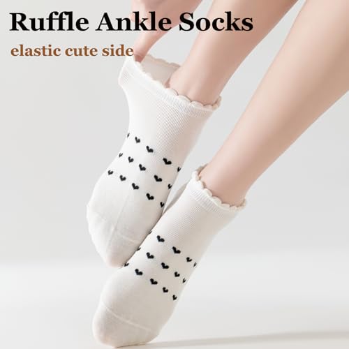 VIBCICY Ruffle Ankle Socks, Cool Knit Cotton for Summer Love pattern,Breathable Cute Frilly Casual Socks 5 Packs2