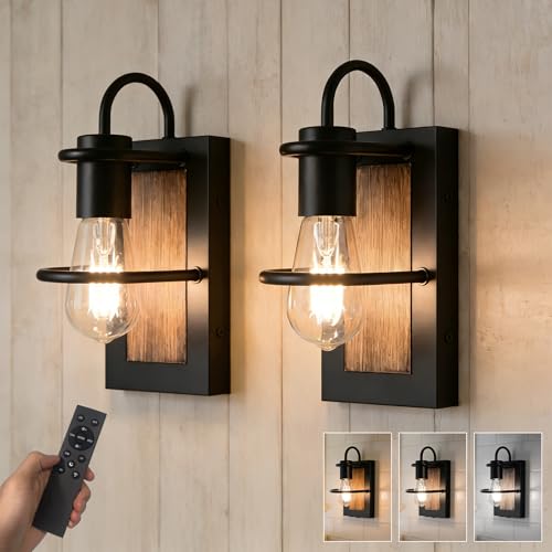 Image of Battery Operated Wall Sconce Set of 2, Wireless Wall Lights with Remote Control, Dimmable 3 Color Temperatures, Rechargeable Wall Sconce with Vintage Faux-Wood Finish for Bedroom Living Room