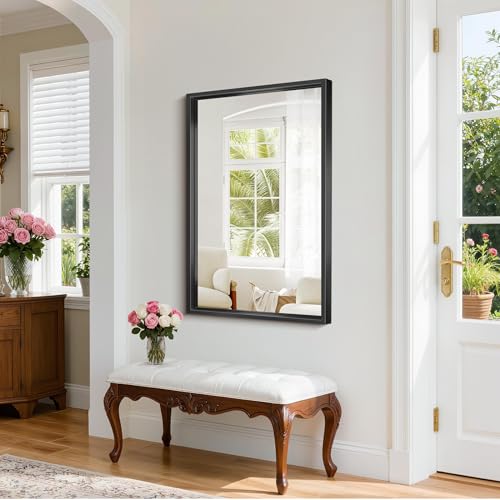 Image of Black Framed Mirror 24 inchx40 inch, Brushed Black Bathroom Mirrors for Over Sink, 0.6 inch Thickened Deep Frame Rectangle Mirrors for Wall, Shatterproof Tempered Glass, Antirust, Horizontally /Vertically