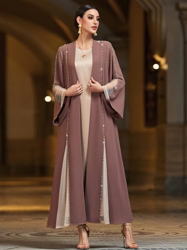 Handmade Beaded Open Front Robe Coat, Elegant Long Sleeve Outerwear Women's Modest Cover-Up, NO INNER, Mauve Brown3
