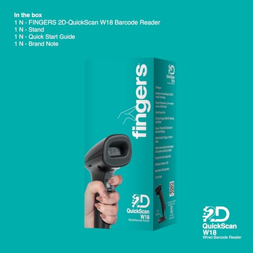 Image of FINGERS 2D-QuickScan W18 Wired Barcode Scanner Bundled with Stand (Quick Scan & CMOS Image Technology, 1D & 2D Codes, Simple Plug-n-Play, Compatible with Windows, macOS, Android, Linux)