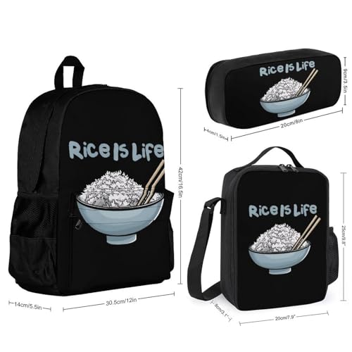 Rice is Life Printed Backpack Set 3 Pcs Daypack Sets with Lunch Box and Pencil Case for Women Men2