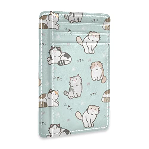 OTVEE Cute Cartoon Cat Kitten on Green Slim Minimalist Wallet Rfid Blocking Card Wallets PU Leather Front Pocket Wallets