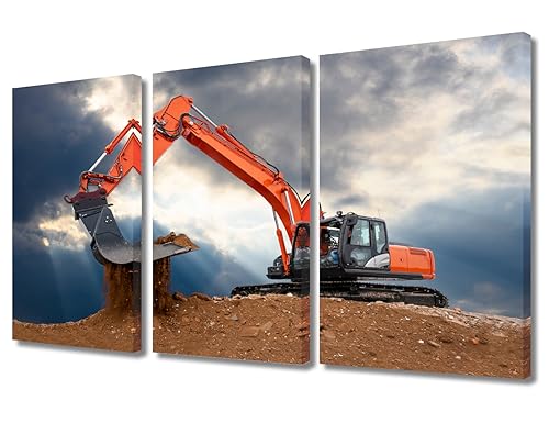 Wall Painting Excavator Works in Construction Site Paintings for Wall Decorations 3 Panels Excavator Pictures Wall Art Giclee Wooden Framed Gallery-Wrapped Ready to Hang (36" Wx24 H)