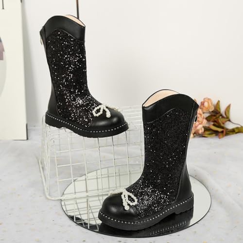 Girls Glitter Mid-Calf Boots Pearl Bow knot PU Leather Waterproof Combat Shoes Fashion Sparkle Boot With Back Zipper4