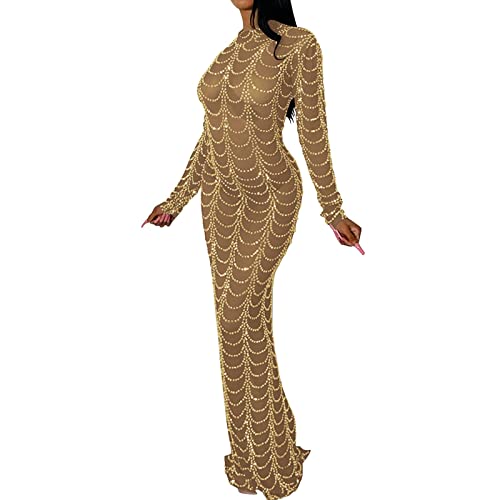 Robe à manches longues pour femme avec strass brillants et coupe longue évider