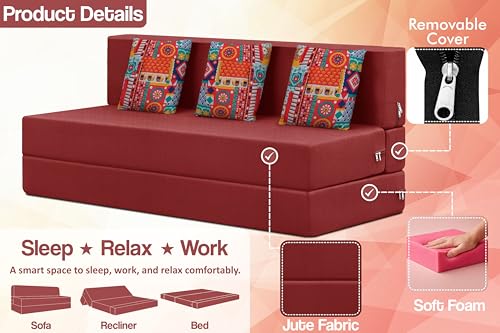 Image of Rosebell Three Seater Foldable Sofa Cum Bed (5x6 Feet) ? Jute Fabric, Washable Removable Cover, Includes Cushion | Space Saving Convertible Sofa Bed for Home, Office & Guests - Red
