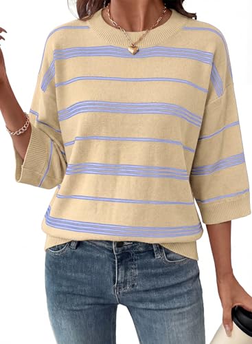 Dokotoo Womens Summer Tops Short Sleeve Oversized Sweaters Striped Color Block Elegant Dressy Casual Crewneck Lightweight Knit T Shirts Vacation Outfits Fashion Trendy Cute Blouses Apricot X-Large