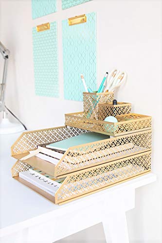 Blu Monaco Office Supplies Gold Desk Accessories For Women-6 Piece Interlocking Stylish Desk Organizer Set- Pen Cup, 3 Accessory Trays, 2 Letter Trays-Gold Office Paper Tray Holder #TOP3