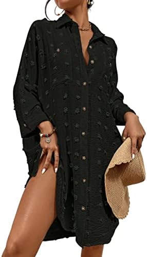 Bsubseach Women Swimsuit Coverup Button Down Shirt Dresses Swiss Dot Tops