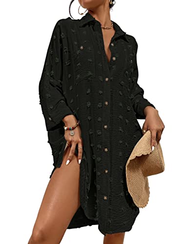 Bsubseach Swimsuit Coverup for Women Bathing Suit Blouse Button Down Shirt Dresses Swiss Dot