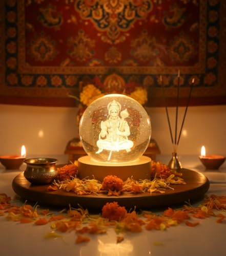 Image of 3D Hanuman Crystal Ball LED Night Lamp, Spiritual Engraved Design with Wooden Base, Decorative Night Light for Home Mandir, Gift (Hanuman)
