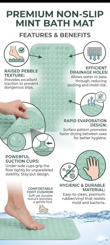 Image of Dribble Anti-Slip PVC Bath Mat with Suction Cups & Drainage Holes | Waterproof Shower Mat for Bathroom, Bathtub & Wet Areas | Soft Massage Surface, Quick Dry, Washable Bath Mat (70 X 38 cm) Green