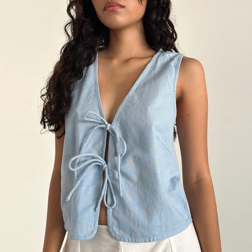 Women Bow Tie Front Vest Top Y2K V Neck Sleeveless Lace Up Tank Top Summer Sexy Solid Color Beach Vacation Tops4