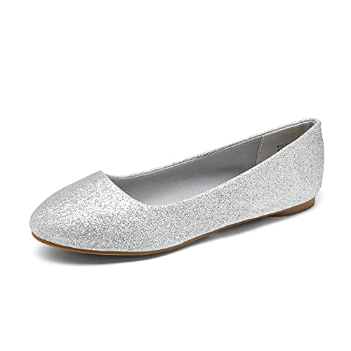 DREAM PAIRS Women's Sole-Simple Wide Width Flats, Ballerina Walking Flats, Comfortable Slip on Shoes 9 Silver/Glitter