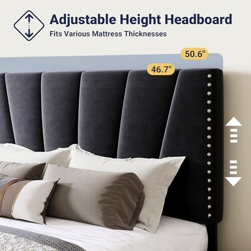 Image of Allewie King Size Velvet Platform Bed Frame with Adjustable Headboard Black | Height-Adjustable Velvet Headboard, Rivet-Style Nailhead Trim, Wooden Slat Support, No Box Spring Needed, Easy Assembly