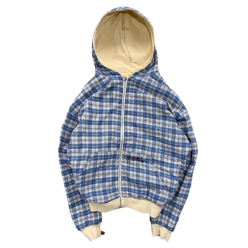 Y2k Grunge Plaid Zip Up Hoodie Men Streetwear Jacket Oversized 2000s Graphic Hoodie Fall Baggy Rapper Sweatshirts (Blue plaid,L)