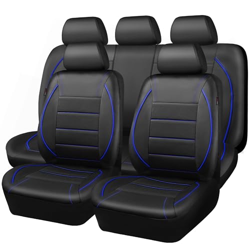 Image of CAR PASS Universal FIT Piping Leather Car Seat Cover, for suvs,Van,Trucks,Airbag Compatible,Inside Zipper Design and Reserved Opening Holes (Full Set, Black and Blue)