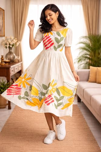 Image of eightone Women Floral Print Cotton Midi Dress, Short Sleeve, White with Yellow and Red Flowers, A-Line Fit