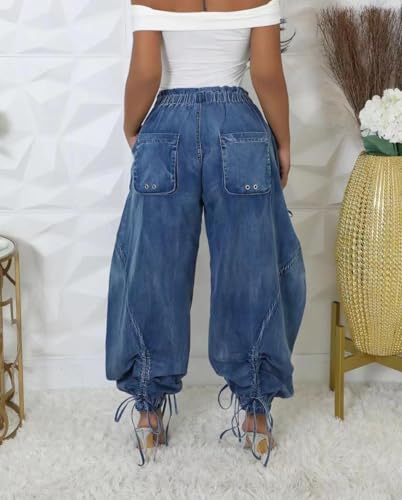 Voghtic Women's Baggy Y2K Elastic Waisted Jeans Bow-Knot Drawstring Pull-On Cargo Denim Pants Harem Pants Streetwear4