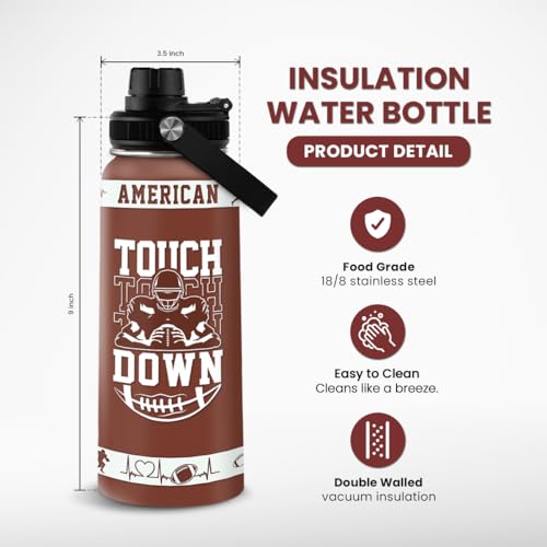 Image of SANDJEST Football Water Bottle with Lid - 32oz Insulated Stainless Steel Sport Bottle - Gifts for Men Football Players Lovers Men